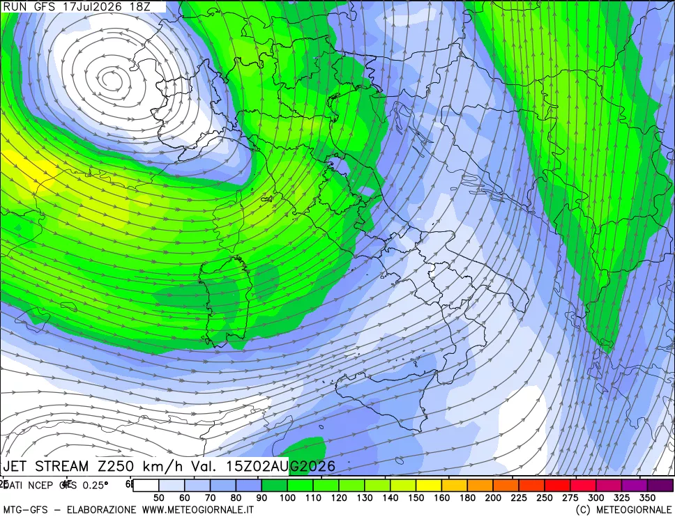 mappa 250 hPa Jet stream