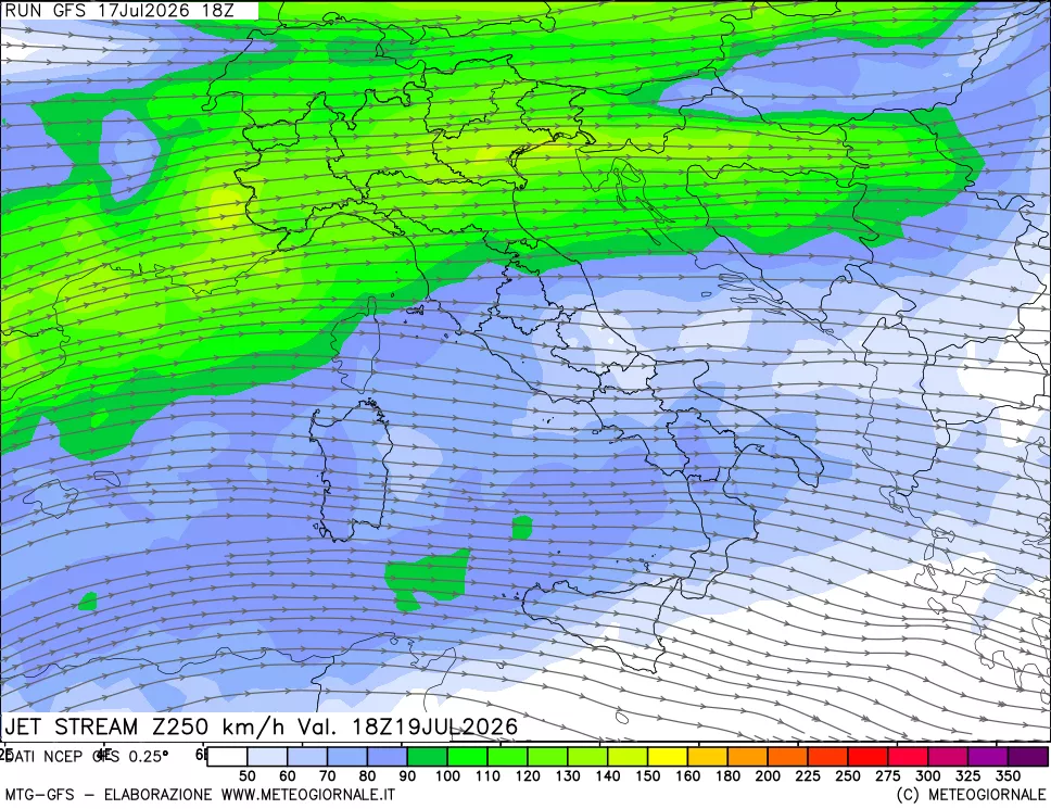 mappa 250 hPa Jet stream