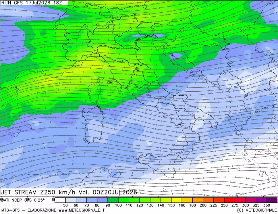 mappa 250 hPa Jet stream