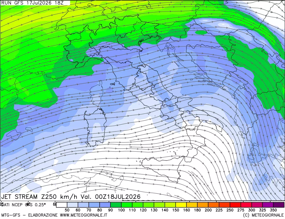 mappa 250 hPa Jet stream