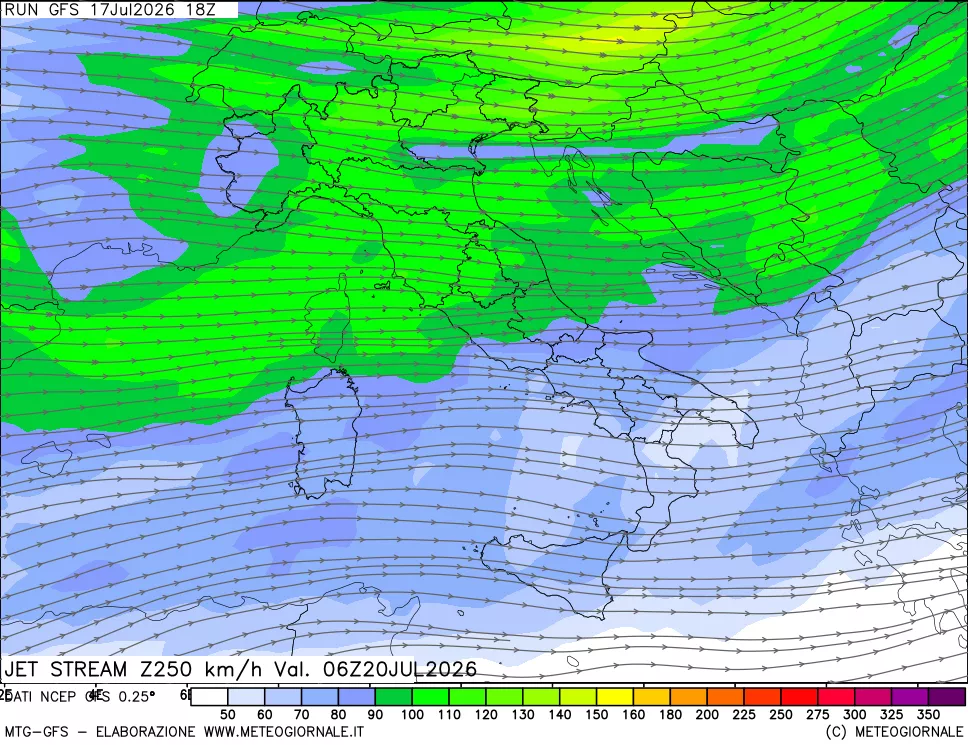 mappa 250 hPa Jet stream