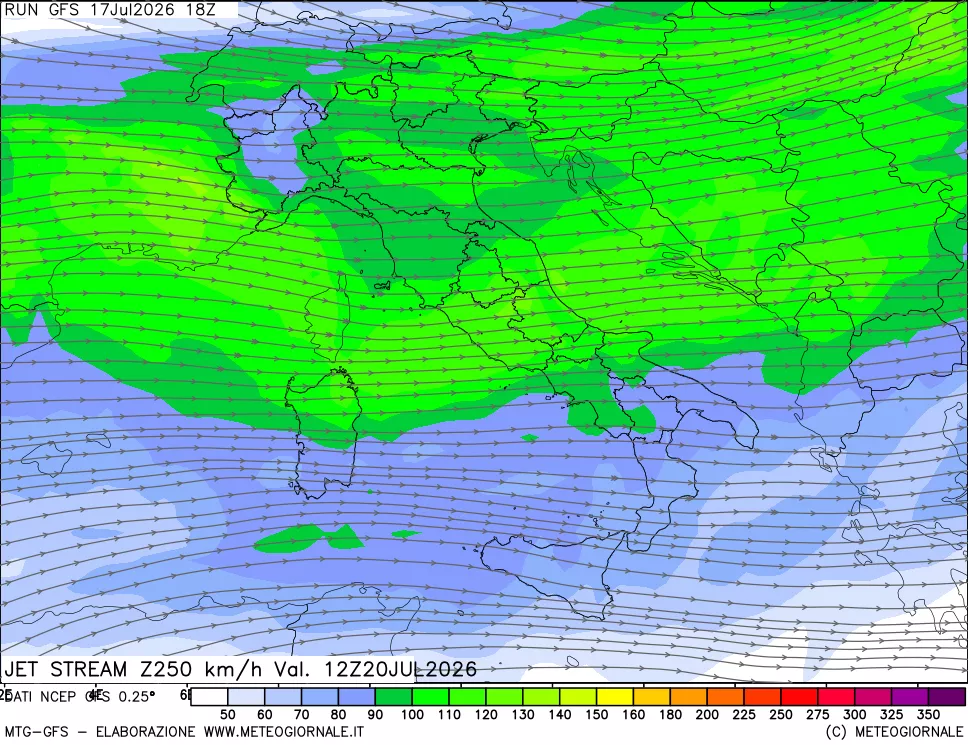 mappa 250 hPa Jet stream