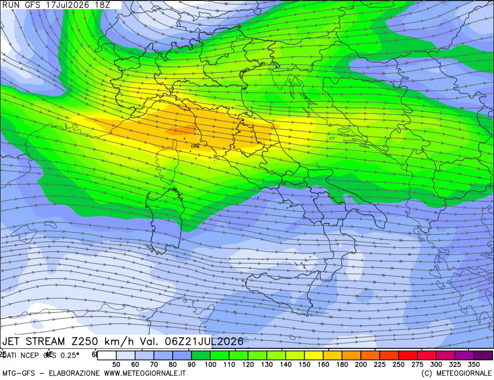 mappa 250 hPa Jet stream