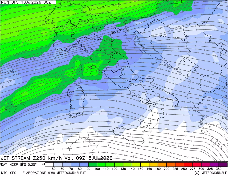 mappa 250 hPa Jet stream
