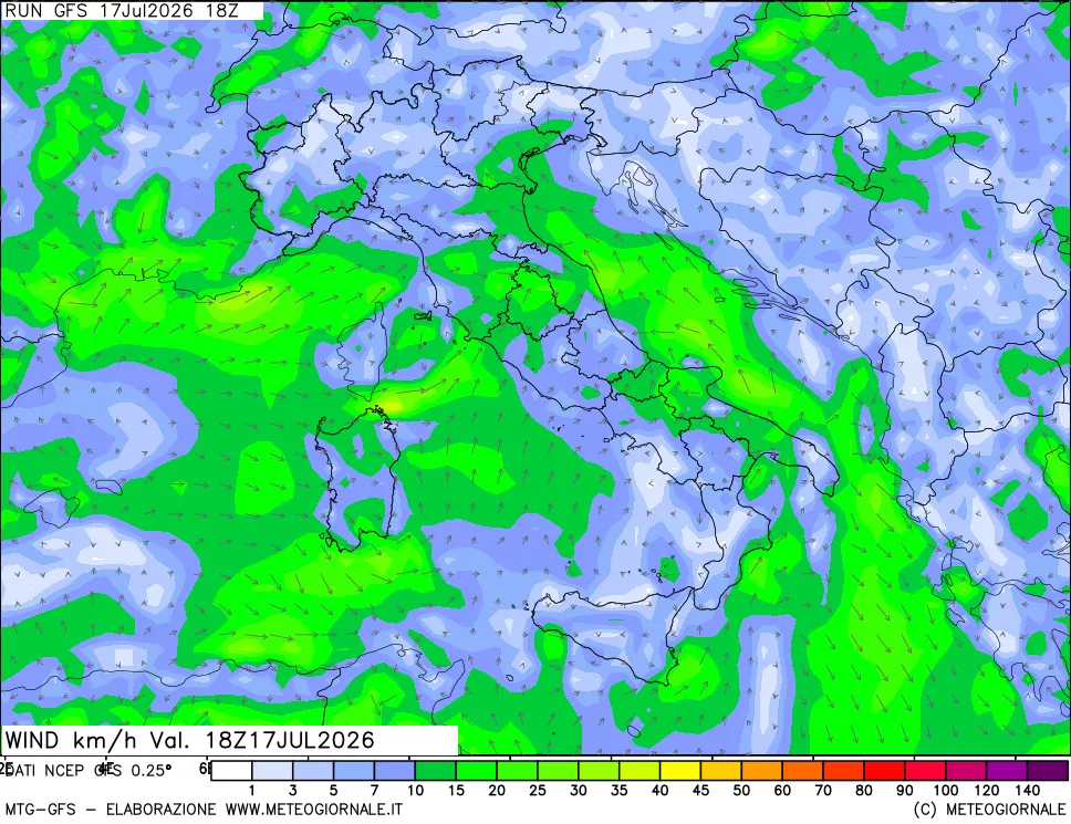 mappa 10 m Vento forza e direzione