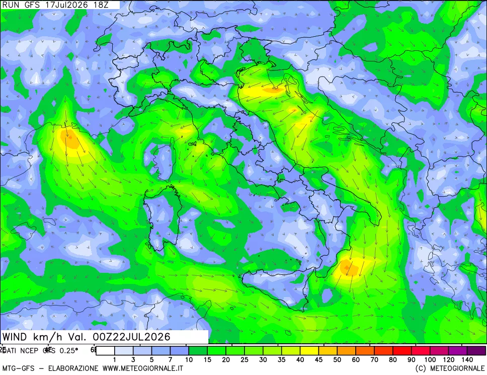 mappa 10 m Vento forza e direzione