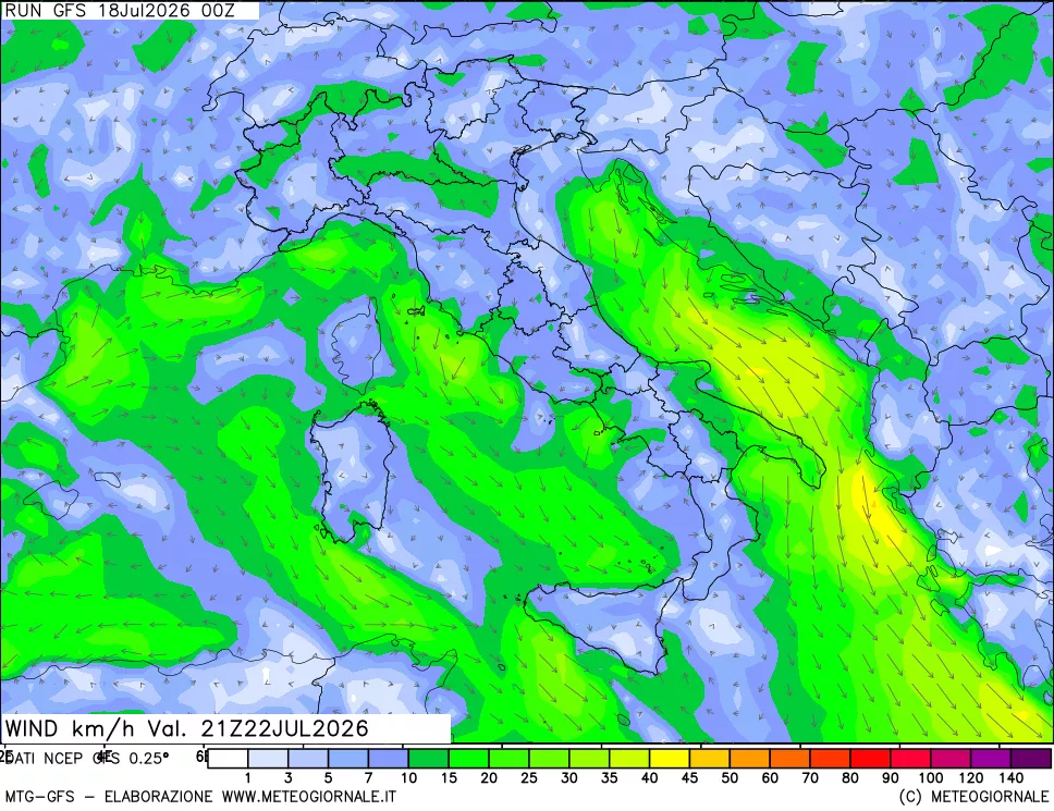 mappa 10 m Vento forza e direzione