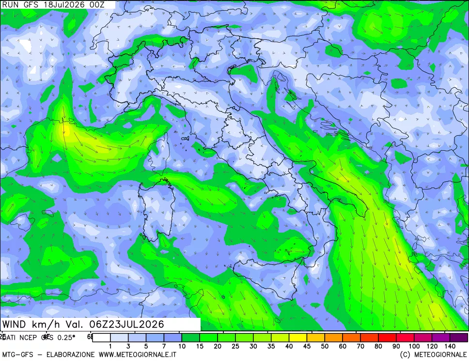 mappa 10 m Vento forza e direzione