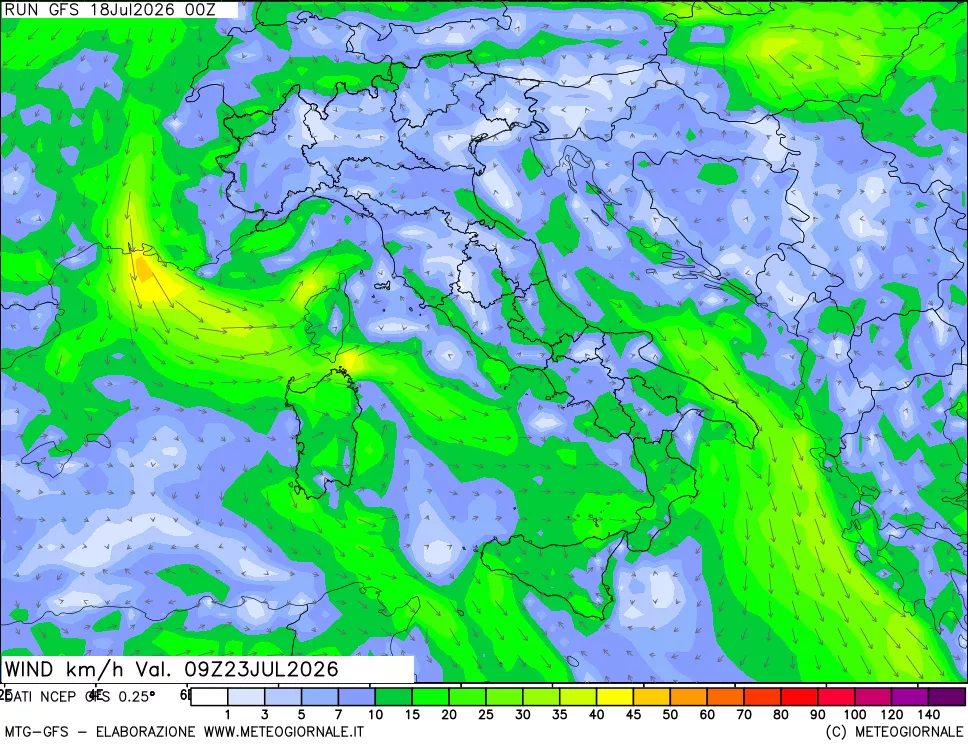 mappa 10 m Vento forza e direzione