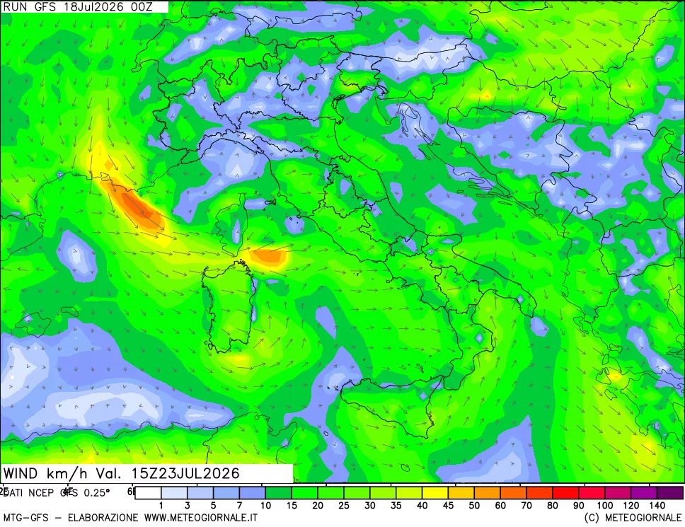 mappa 10 m Vento forza e direzione