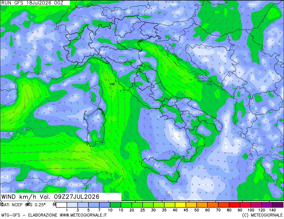 mappa 10 m Vento forza e direzione