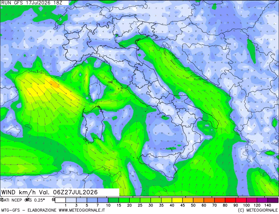 mappa 10 m Vento forza e direzione