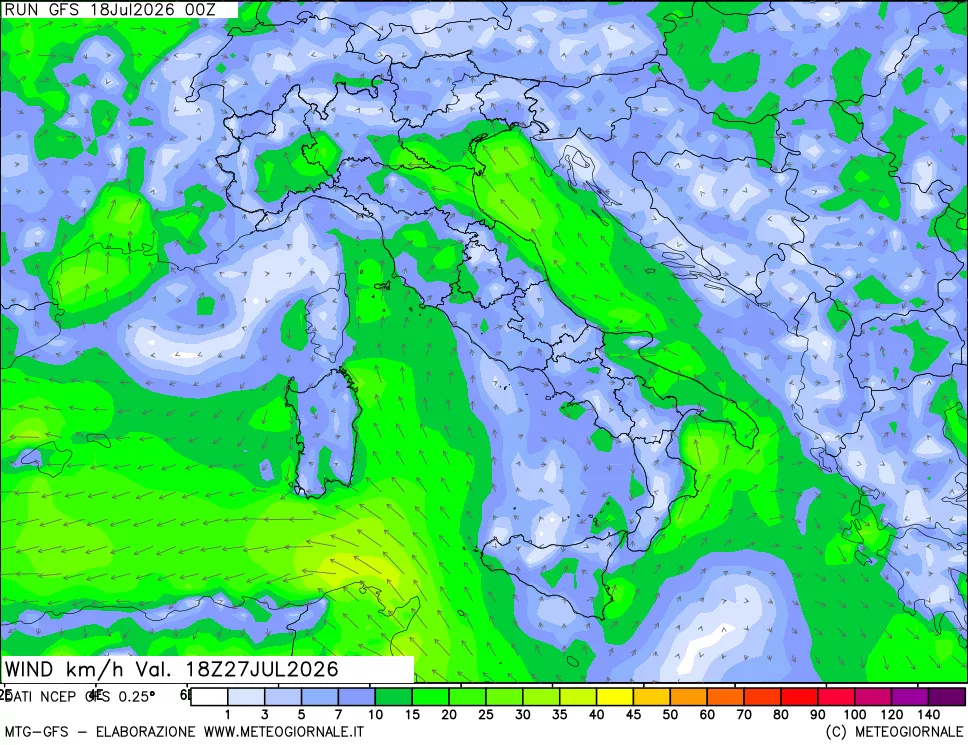 mappa 10 m Vento forza e direzione