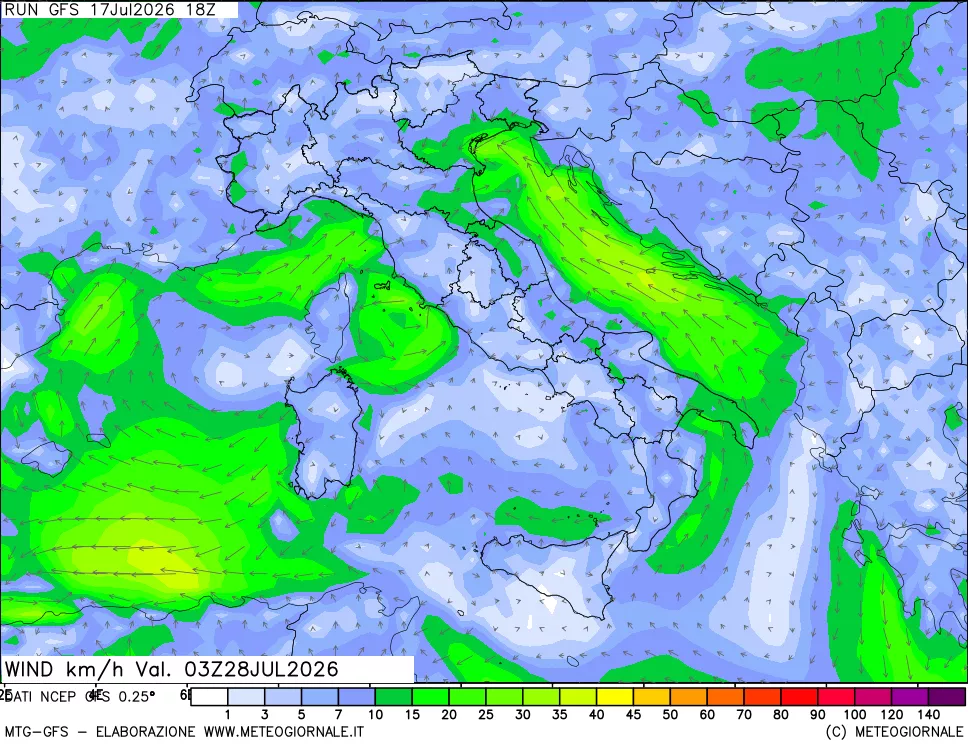 mappa 10 m Vento forza e direzione