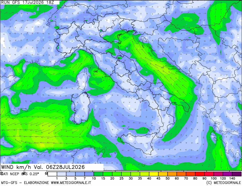 mappa 10 m Vento forza e direzione