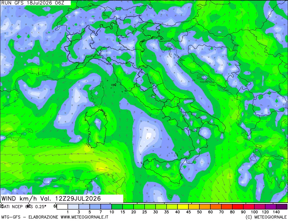 mappa 10 m Vento forza e direzione