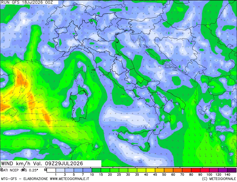 mappa 10 m Vento forza e direzione