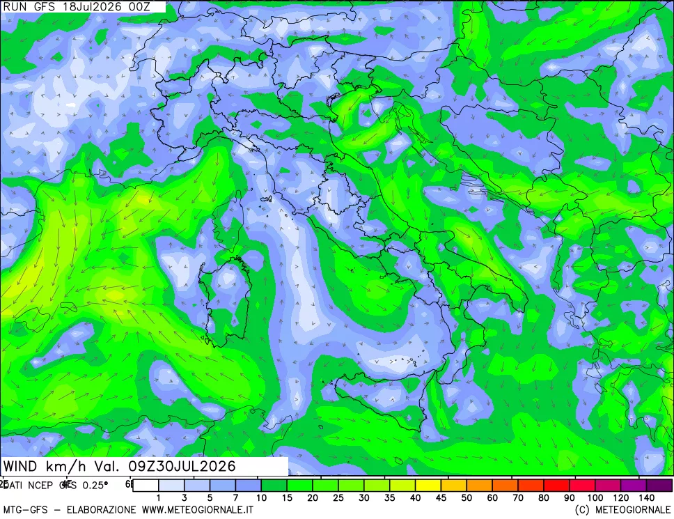 mappa 10 m Vento forza e direzione