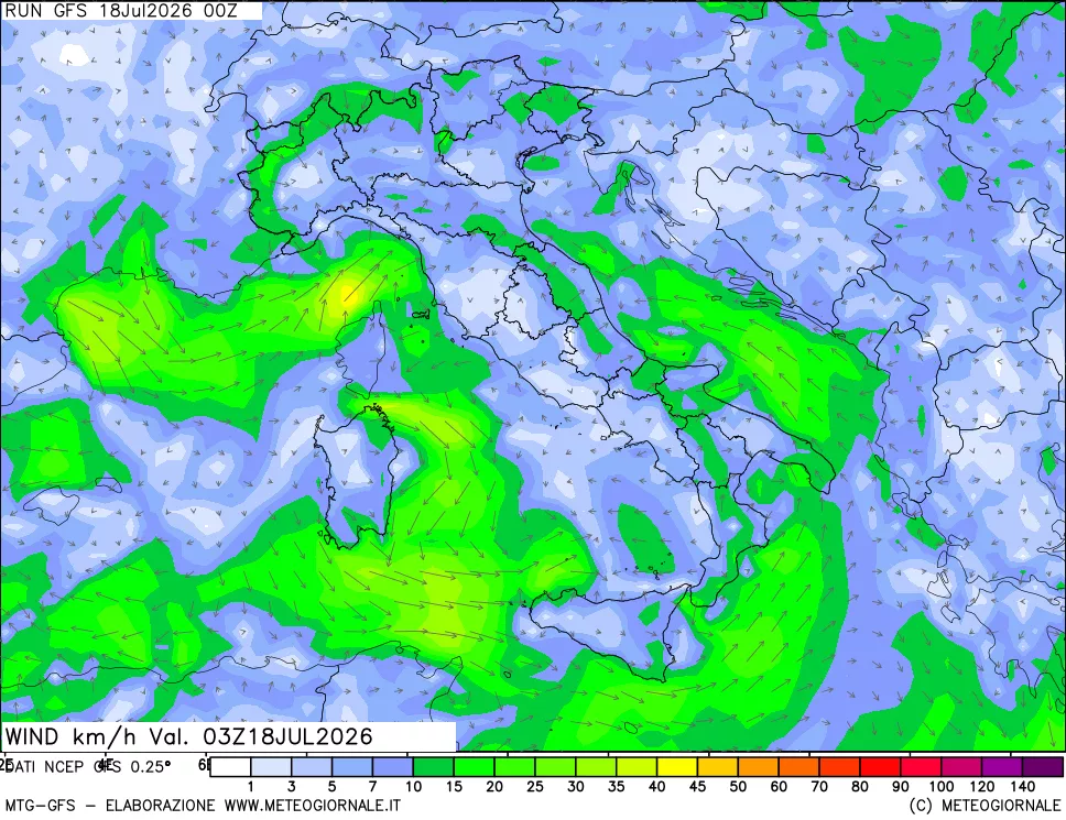 mappa 10 m Vento forza e direzione