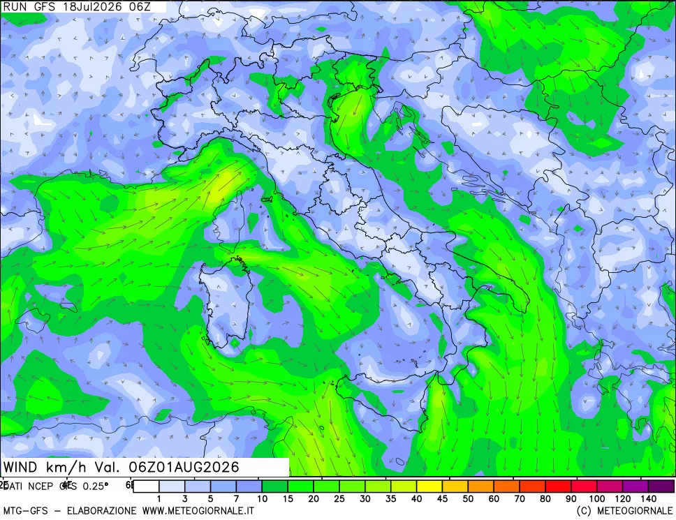 mappa 10 m Vento forza e direzione