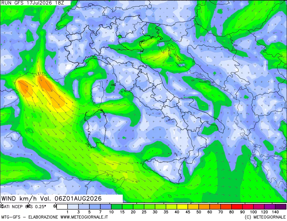 mappa 10 m Vento forza e direzione