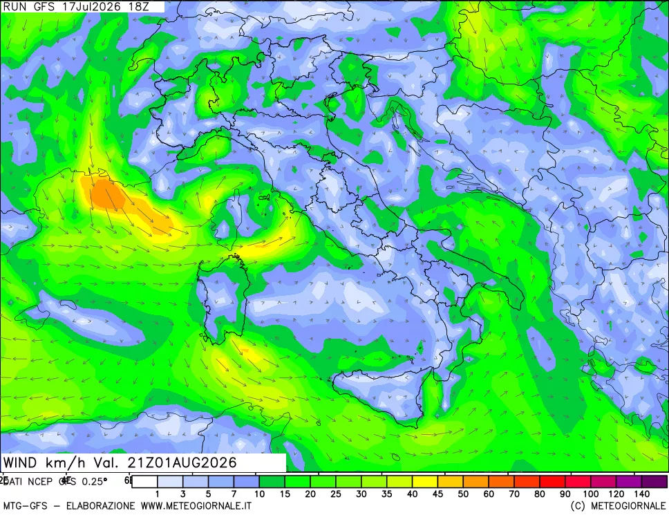 mappa 10 m Vento forza e direzione
