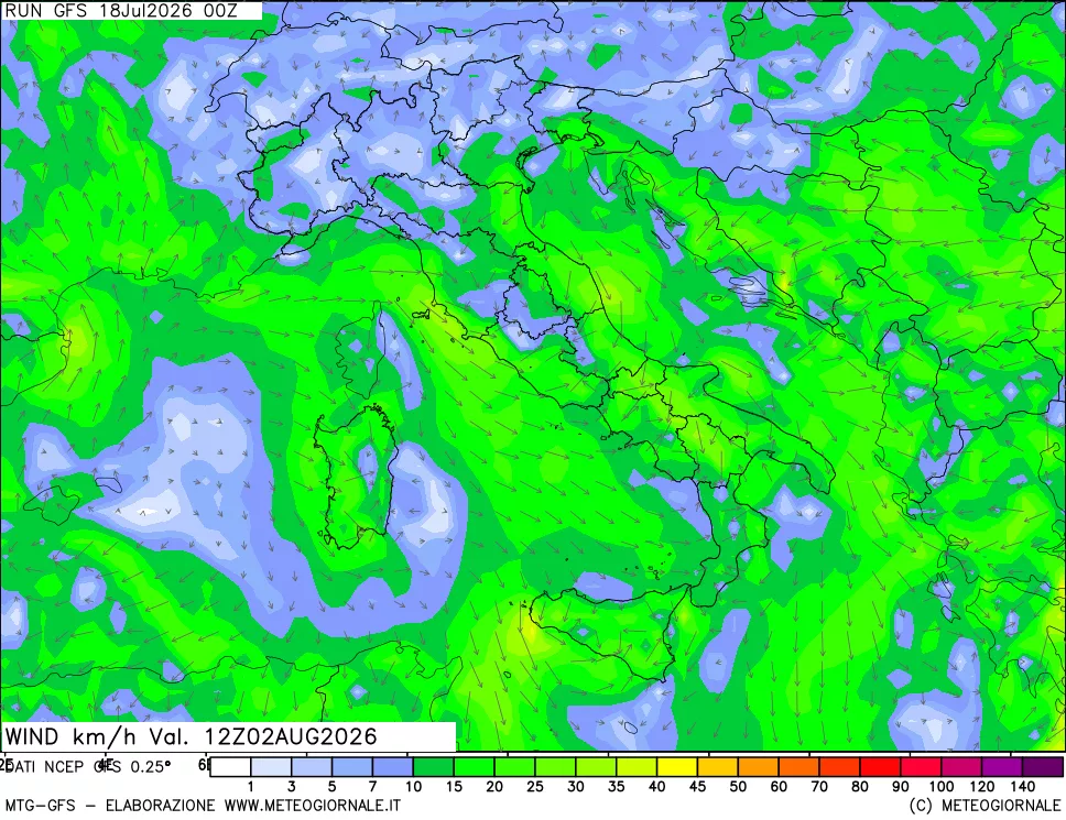 mappa 10 m Vento forza e direzione