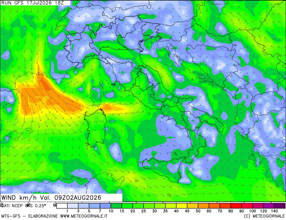 mappa 10 m Vento forza e direzione