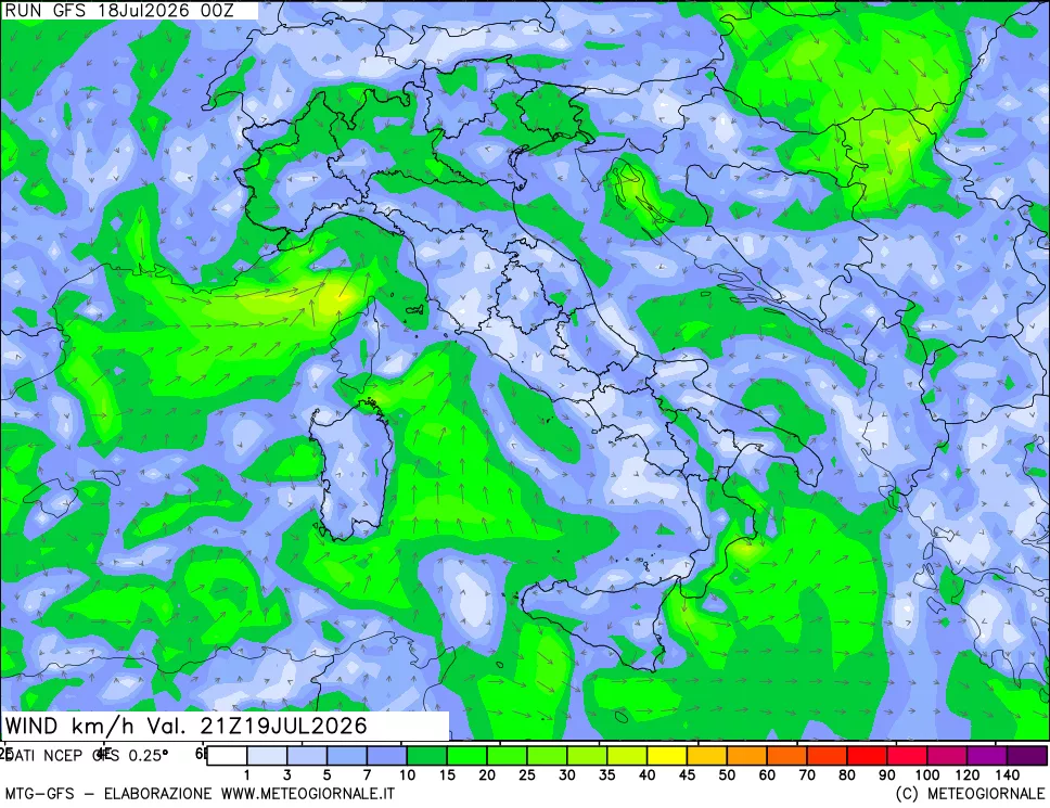 mappa 10 m Vento forza e direzione