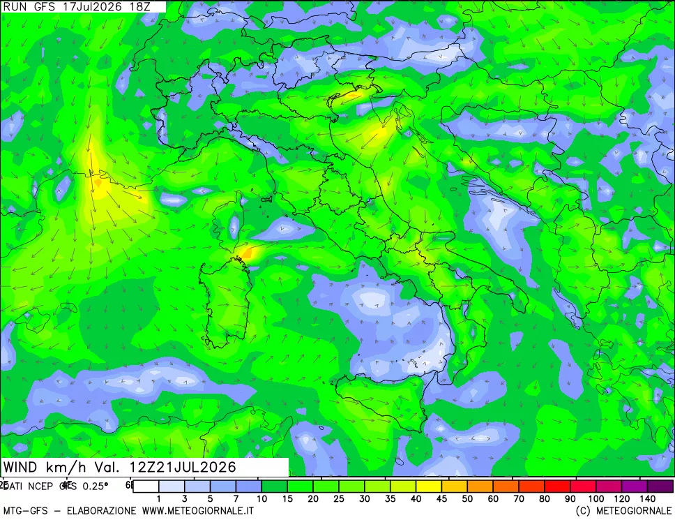 mappa 10 m Vento forza e direzione