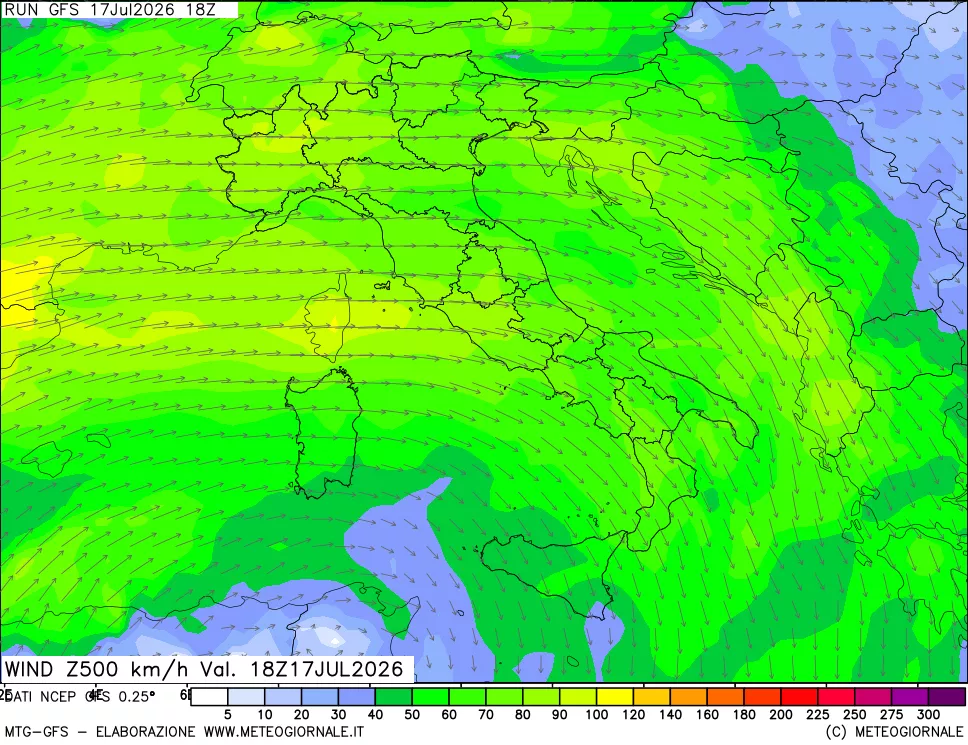mappa 500 hPa Vento forza e direzione