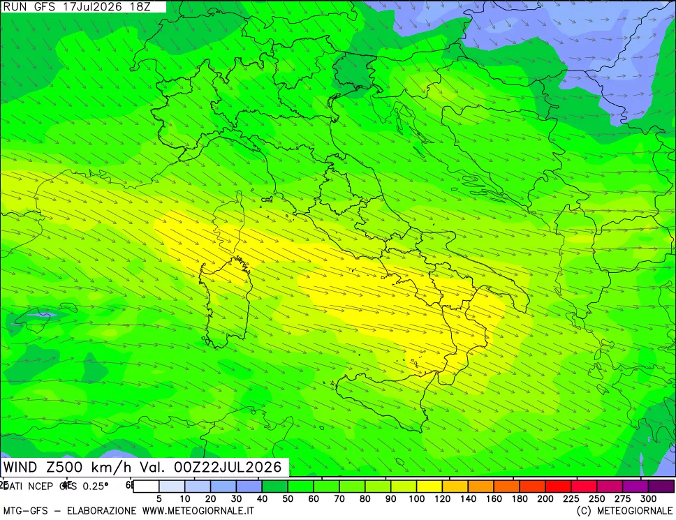 mappa 500 hPa Vento forza e direzione