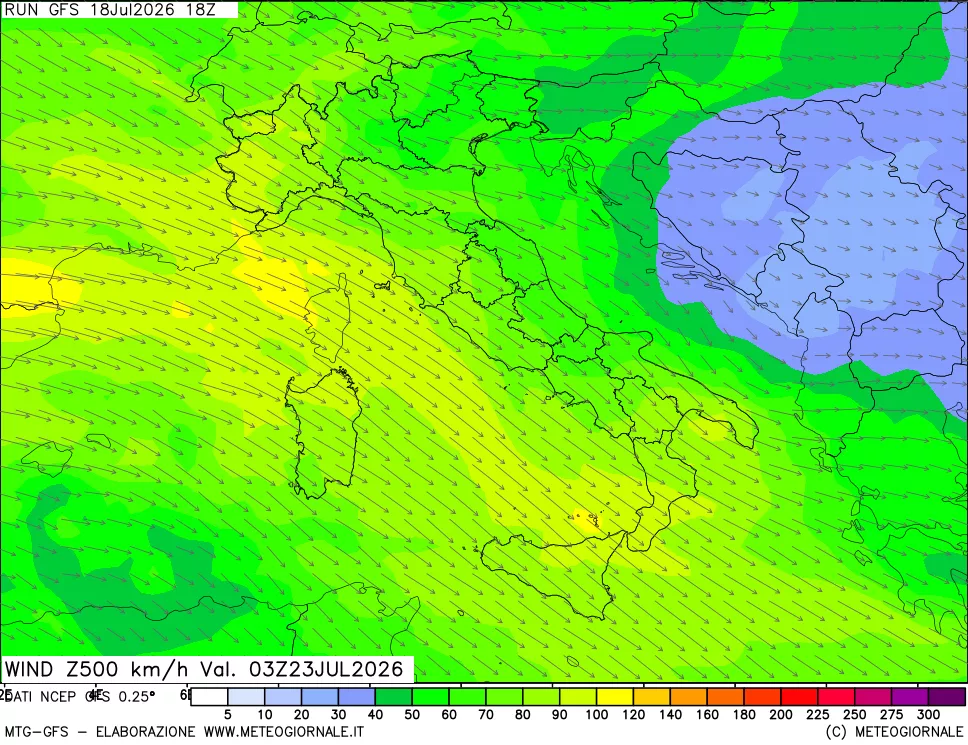 mappa 500 hPa Vento forza e direzione