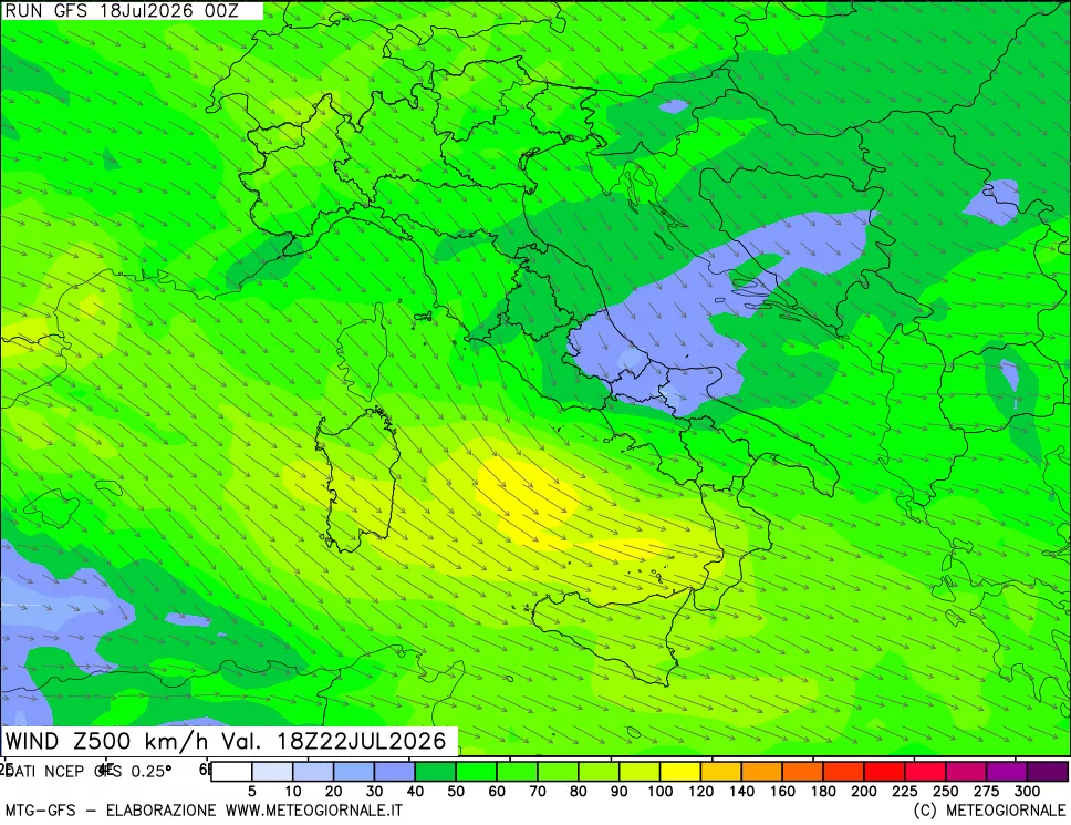 mappa 500 hPa Vento forza e direzione