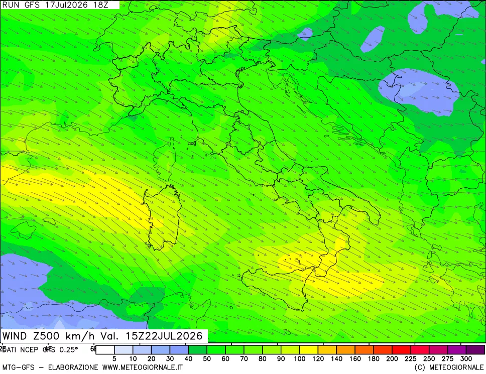 mappa 500 hPa Vento forza e direzione