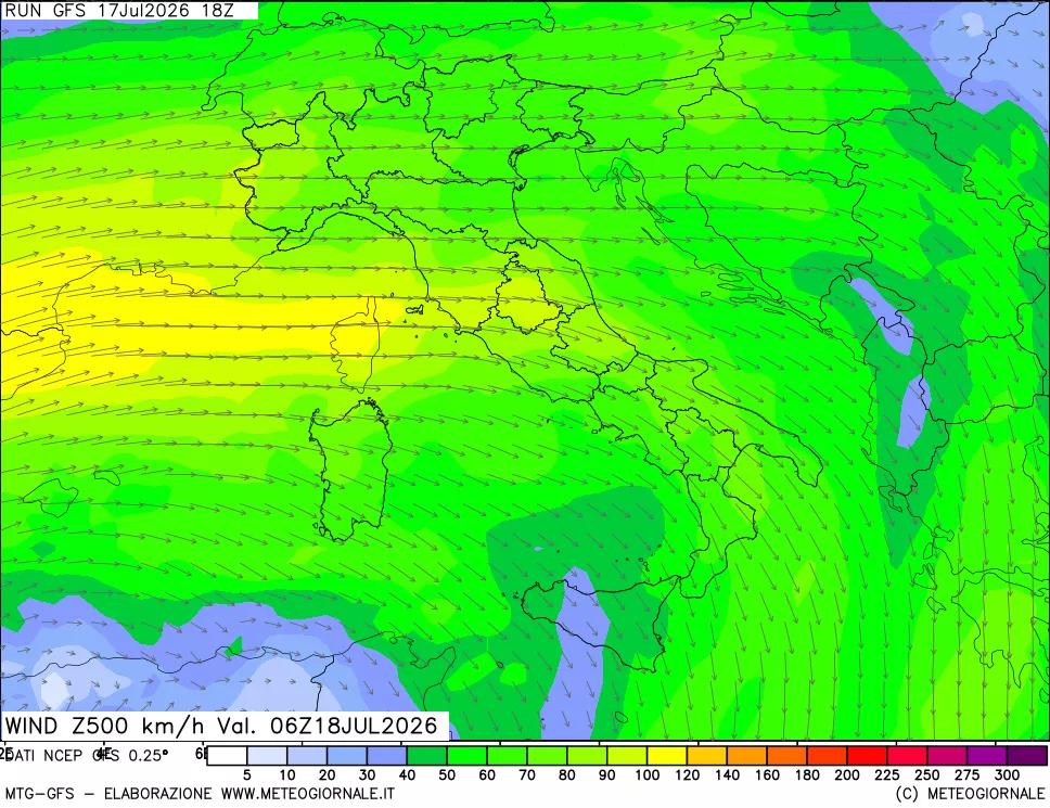 mappa 500 hPa Vento forza e direzione