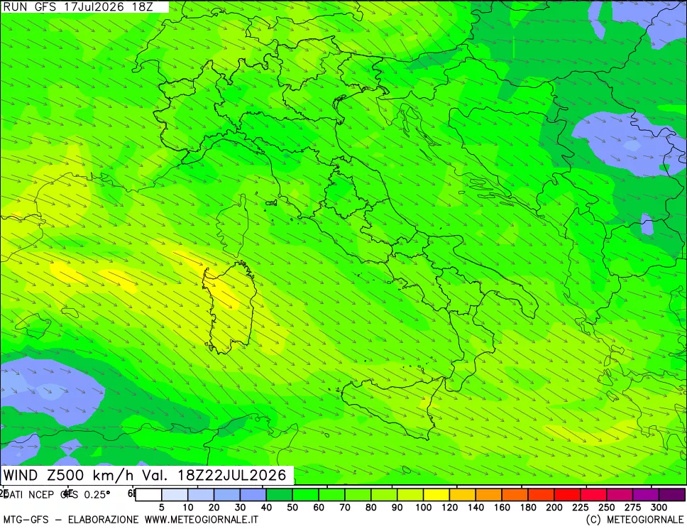 mappa 500 hPa Vento forza e direzione