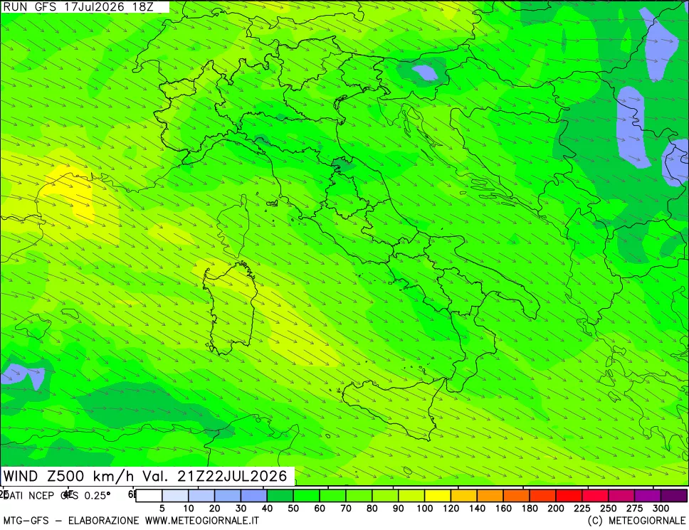mappa 500 hPa Vento forza e direzione