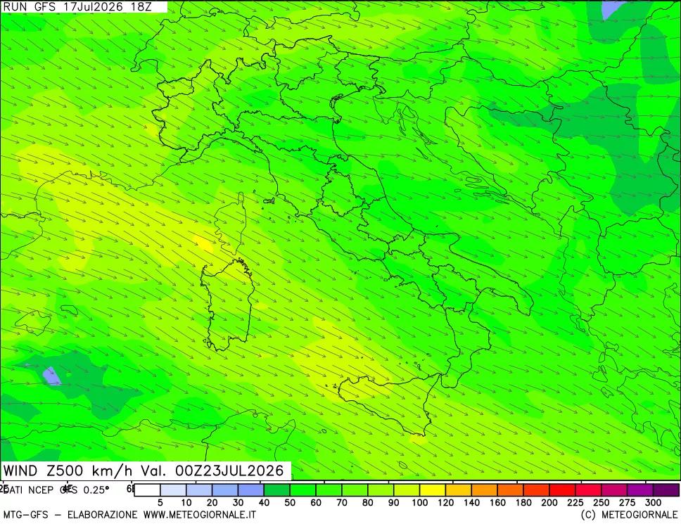 mappa 500 hPa Vento forza e direzione
