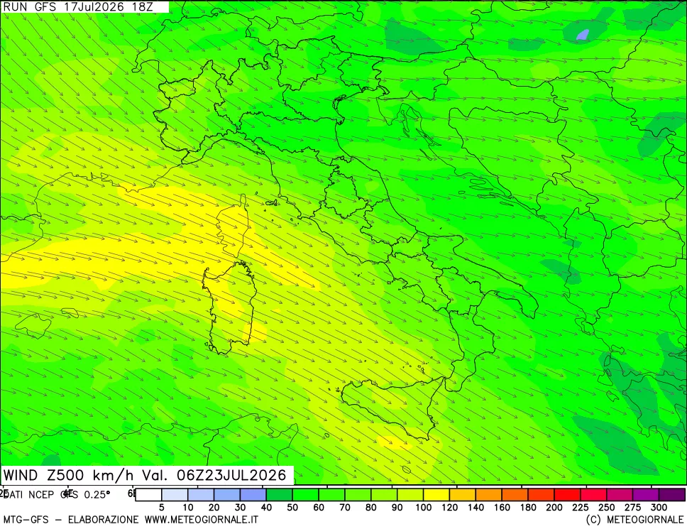 mappa 500 hPa Vento forza e direzione