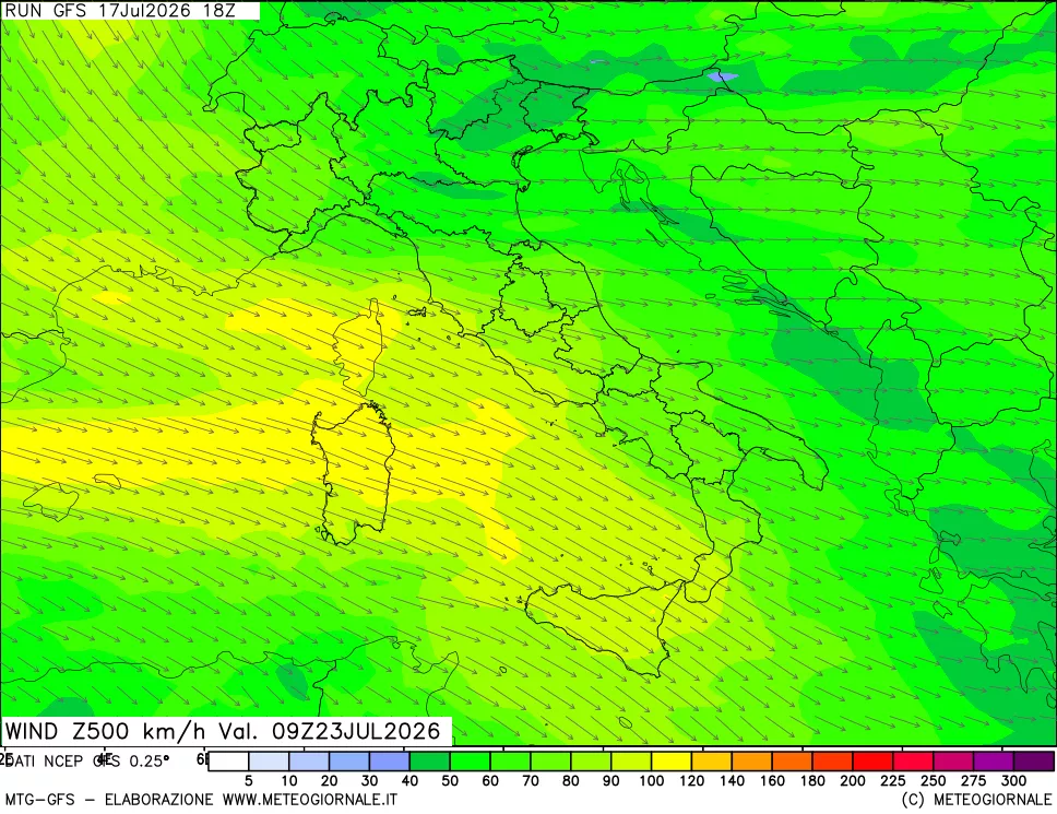mappa 500 hPa Vento forza e direzione