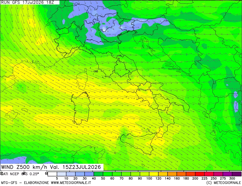 mappa 500 hPa Vento forza e direzione