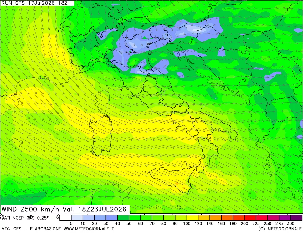 mappa 500 hPa Vento forza e direzione