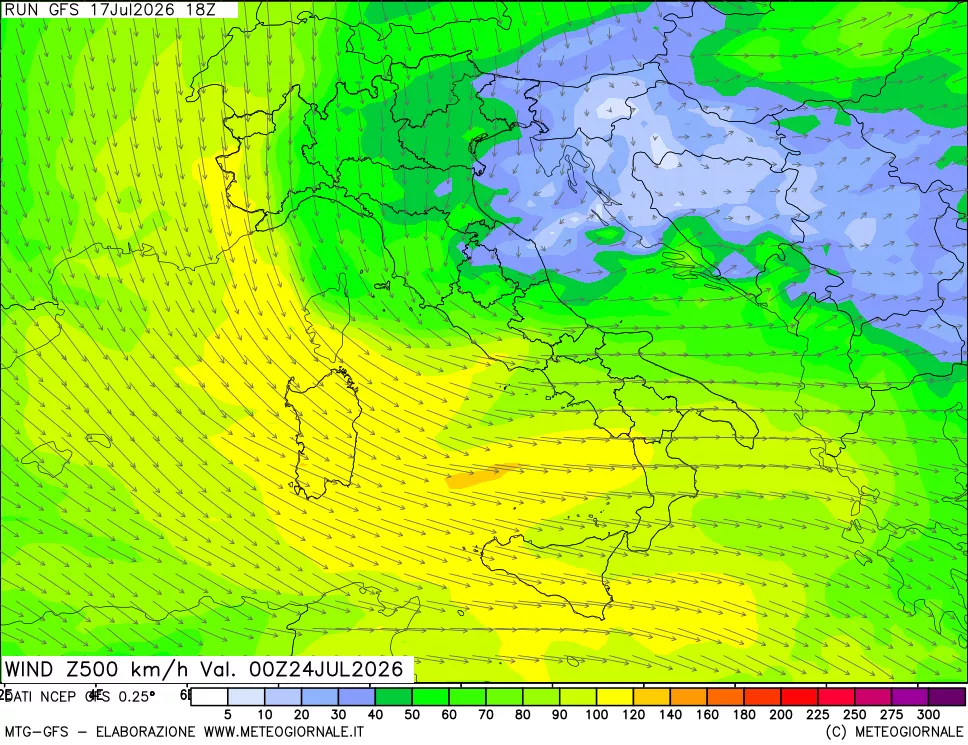 mappa 500 hPa Vento forza e direzione