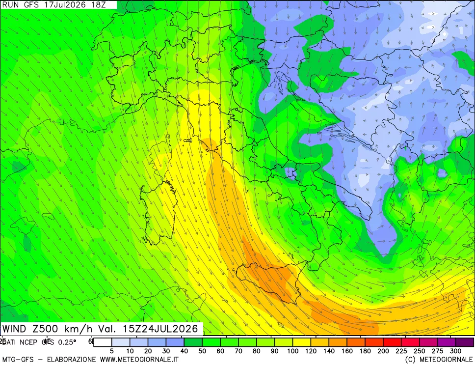 mappa 500 hPa Vento forza e direzione