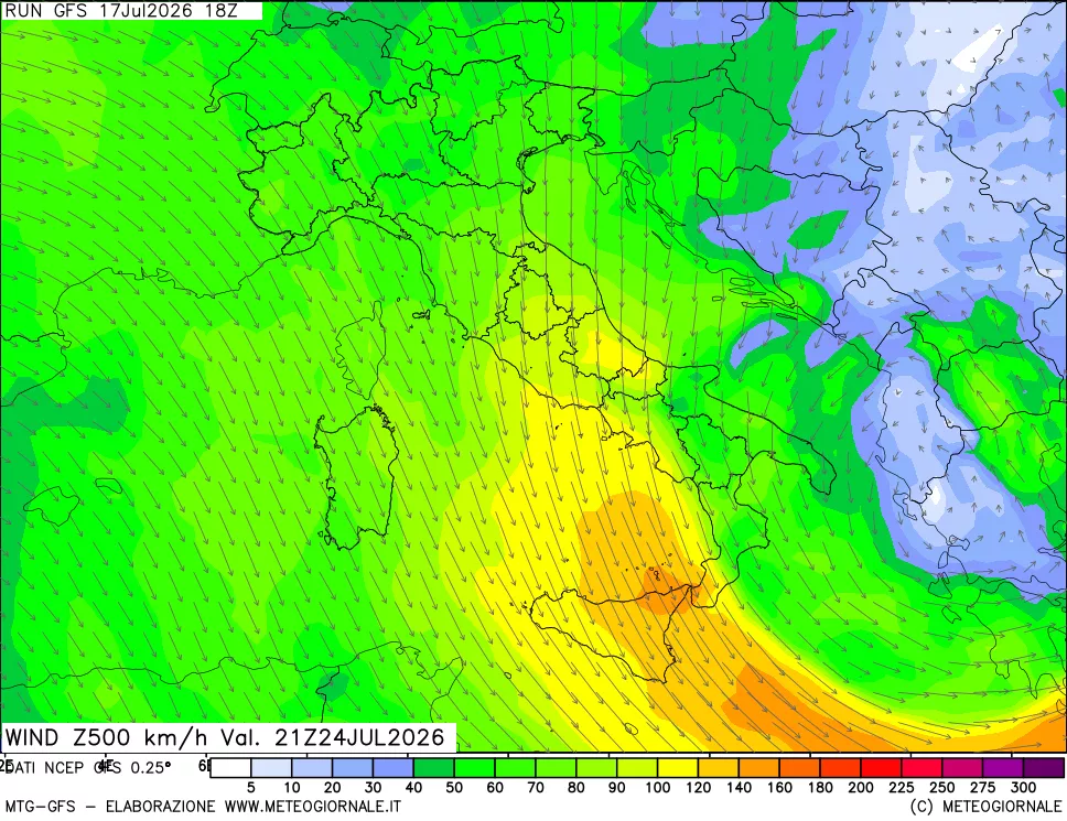 mappa 500 hPa Vento forza e direzione