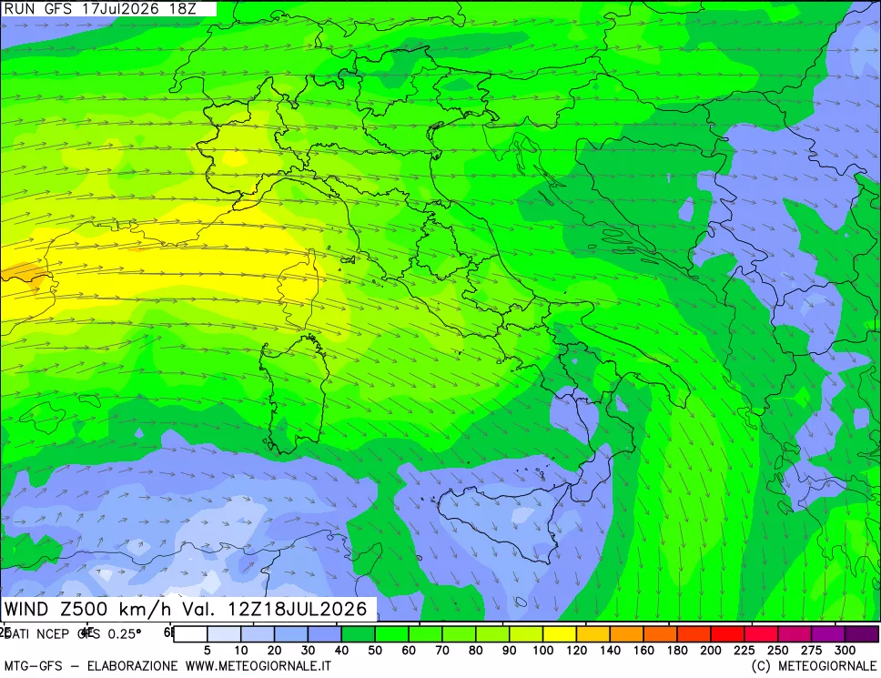 mappa 500 hPa Vento forza e direzione