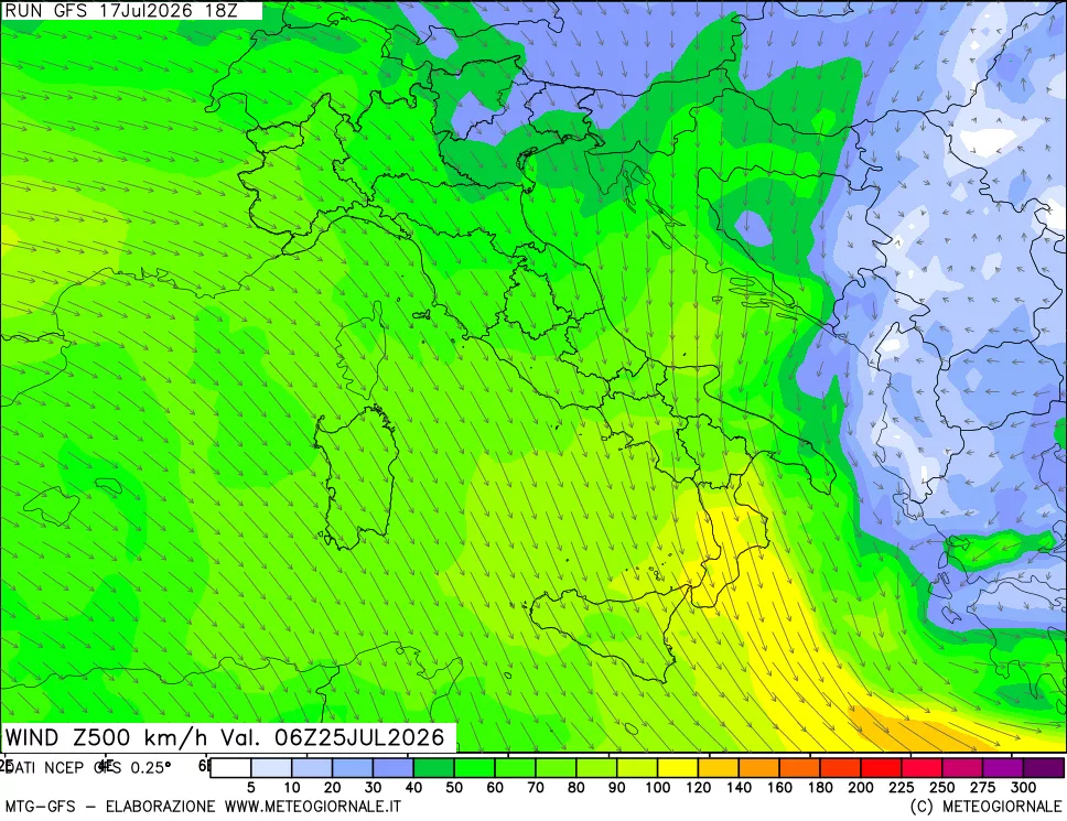 mappa 500 hPa Vento forza e direzione
