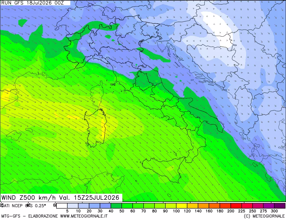 mappa 500 hPa Vento forza e direzione