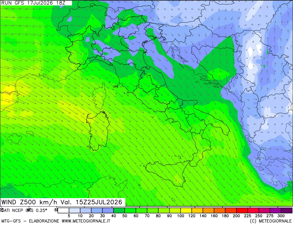 mappa 500 hPa Vento forza e direzione